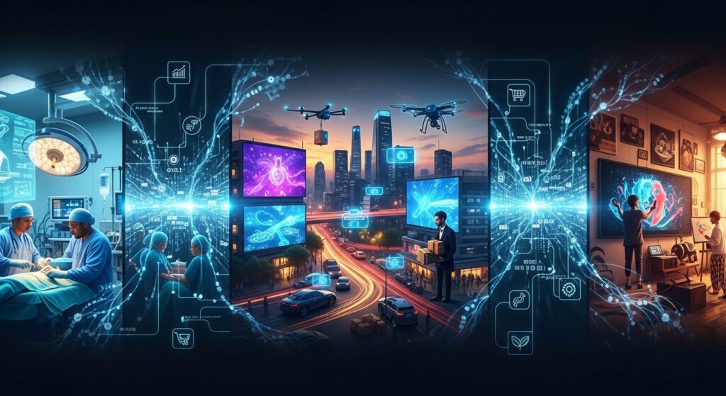 Futuristic digital transformation panorama connecting AI-powered surgery in hospital, drone deliveries over city skyline, e-commerce logistics, biotech painting session, holographic data flows, graphs, and neural networks at dusk – free AI-generated innovation image