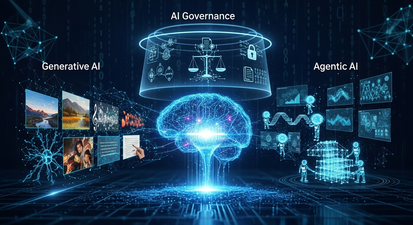 Futuristic AI governance illustration with central glowing brain, holographic "AI Governance" dome showing scales, documents, locks; branches to Generative AI creative outputs (art, music, text) and Agentic AI agents/graphs; digital code and network connections – free AI-generated image