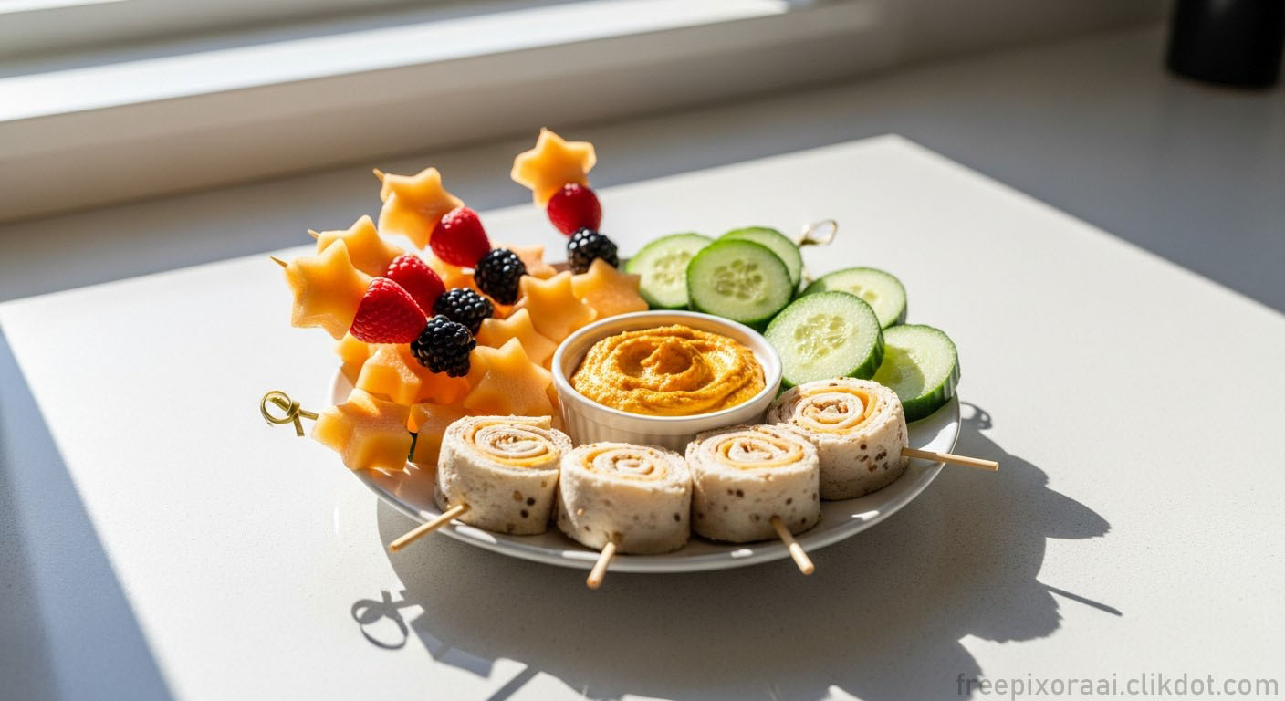 Vibrant healthy snack platter featuring star-shaped melon pieces skewered with strawberries and blackberries, cucumber slices, central bowl of orange hummus, and tortilla pinwheel rolls on a white plate in bright window light