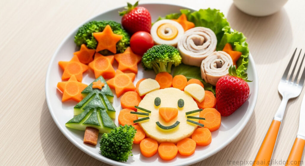 Fun lion-shaped kids plate with cheese face, carrot nose and ears, cucumber whiskers and smile, surrounded by star carrots, broccoli florets, turkey rolls, strawberries, cherry tomatoes, and lettuce on a white plate with fork and knife