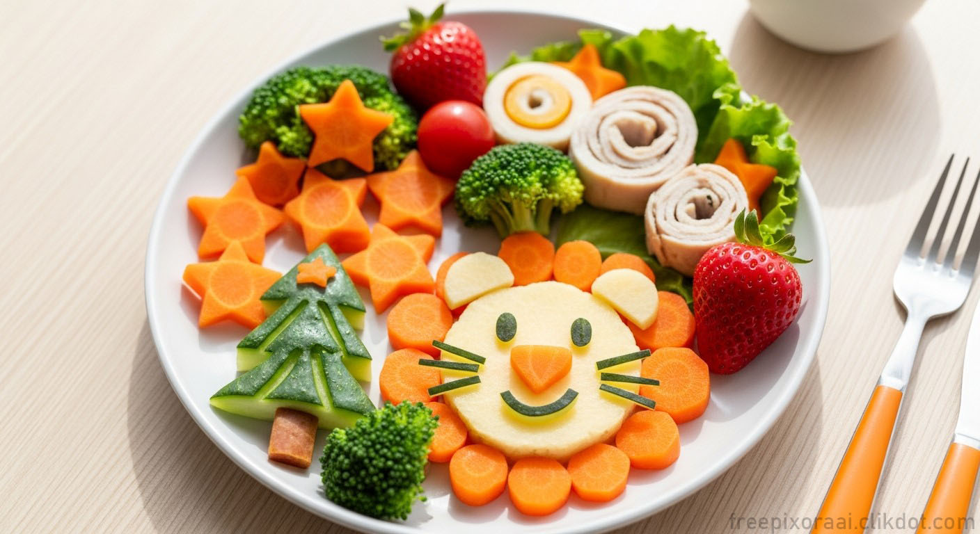 Fun lion-shaped kids plate with cheese face, carrot nose and ears, cucumber whiskers and smile, surrounded by star carrots, broccoli florets, turkey rolls, strawberries, cherry tomatoes, and lettuce on a white plate with fork and knife