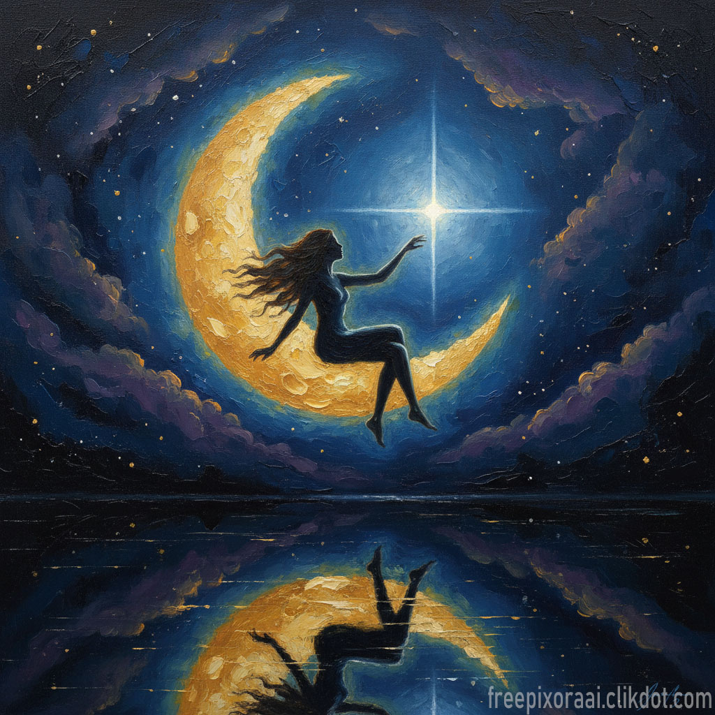 Ethereal fantasy painting of silhouetted woman with long flowing hair sitting on golden crescent moon, reaching toward bright star in deep blue starry night sky with clouds, reflection mirrored in calm water below