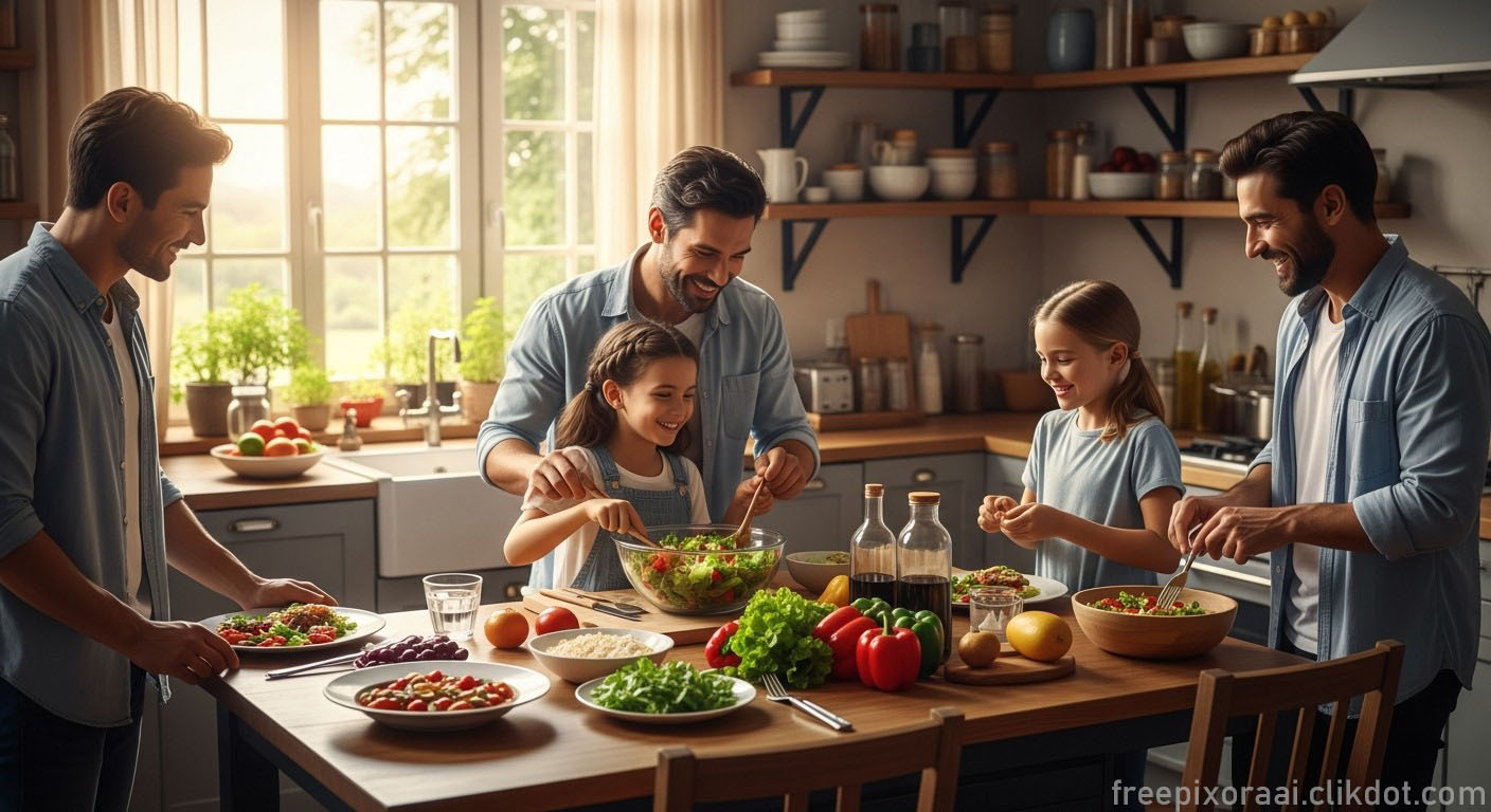 Family with children cooking a fresh salad together in a bright home kitchen