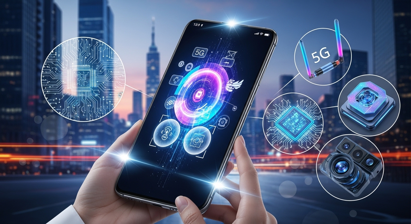 Futuristic smartphone with glowing holographic 5G interface, circuit board patterns, multi-lens camera, chipset close-up, security lock, and connectivity icons floating around a sleek phone against urban skyline at dusk – free AI-generated technology image