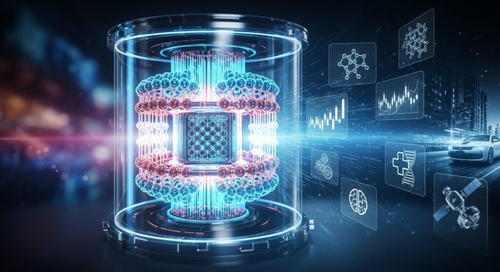 Futuristic transparent cylinder containing layered blue-red glowing qubit spheres connected by light streams, surrounded by holographic icons of molecules, DNA helix, brain scan, stock charts, autonomous car, satellite, and neural networks against cyber city nightscape – free AI-generated quantum computing image