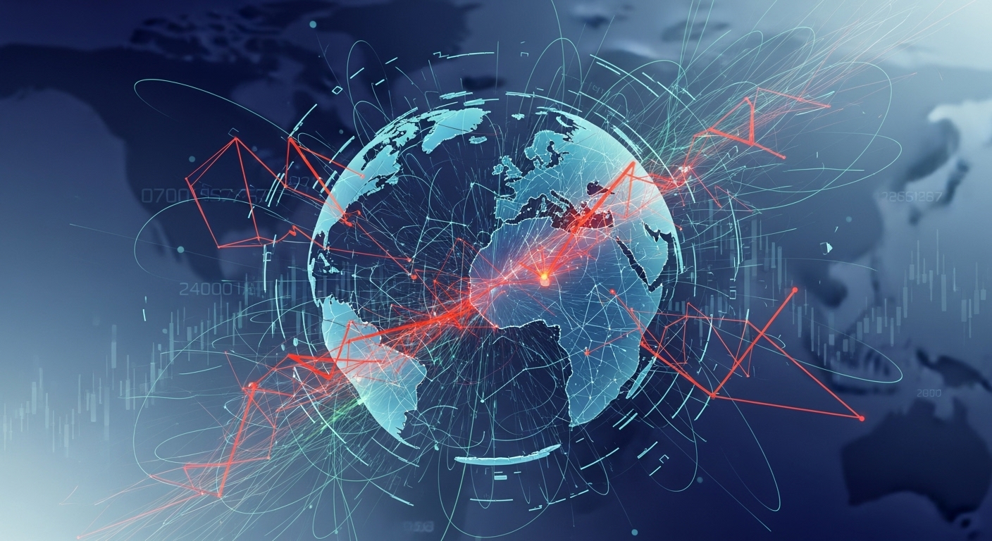 Futuristic glowing Earth globe with interconnected red, blue and green data lines, digital nodes, geometric shapes, code overlays and stock chart elements representing global network and technology connectivity – free AI-generated image