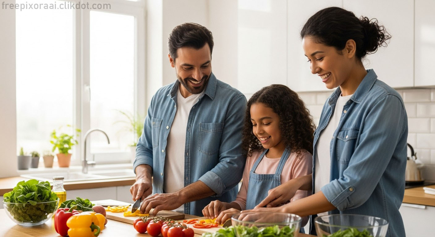 Smiling family of three (father, mother, young daughter) joyfully preparing a fresh salad in bright kitchen, chopping red and yellow bell peppers, tomatoes, and greens on cutting boards, surrounded by fresh produce and herbs