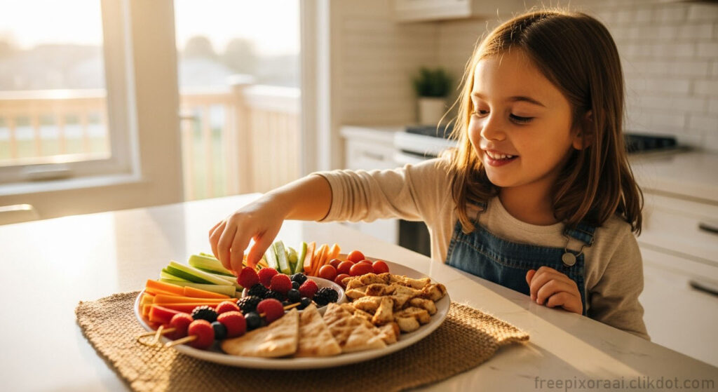 Cute young girl in kitchen smiling and reaching for colorful healthy snack platter with fruit skewers (berries, grapes), carrot celery cucumber sticks, cherry tomatoes, and toasted pita pieces on a large white plate, warm sunlight