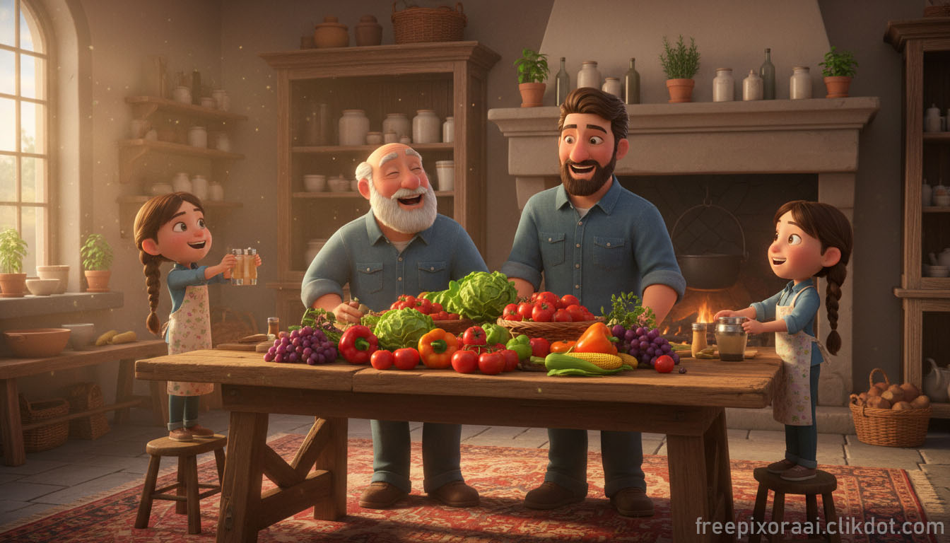 Joyful multi-generational family (grandfather, father, two young girls with braids) smiling and interacting around a large wooden table overflowing with fresh colorful produce including tomatoes, bell peppers, grapes, lettuce, corn, broccoli, and herbs in a warm rustic kitchen with fireplace and jars
