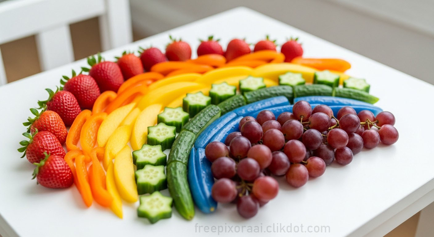 Colorful rainbow-shaped fruit platter arranged with red strawberries, orange peppers and mango, yellow slices, green cucumber stars, blue curved pieces, and purple grapes on a white table