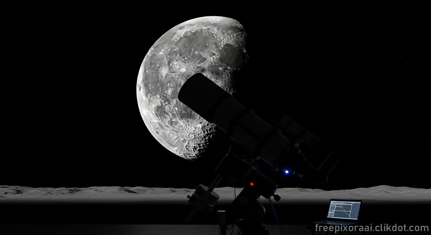 Large astronomical telescope pointed at a detailed half-moon with visible craters in a starry night sky, set on a barren lunar-like surface with glowing indicator lights and an open laptop showing graphs