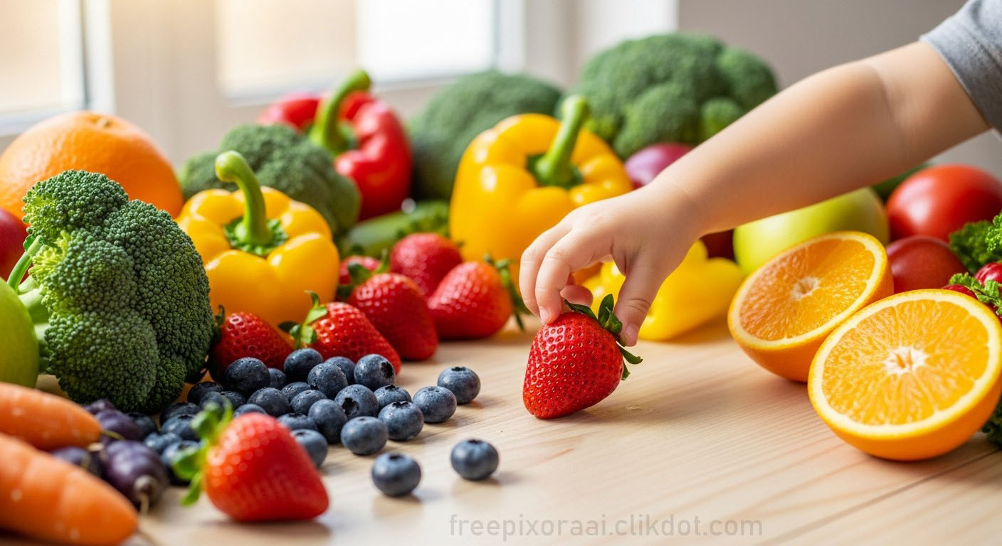 Cute baby or toddler small hand reaching to pick a ripe red strawberry from a pile of fresh colorful fruits and vegetables including oranges, broccoli, bell peppers, blueberries, carrots, and apples on a wooden table