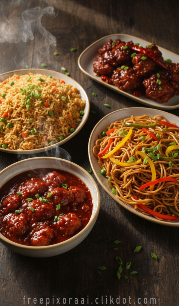 AI-generated Chinese food combo with vegetable fried rice, veggie chow mein, sweet and sour meatballs, steam effect – free download and website use