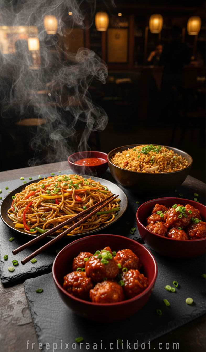 AI-generated Chinese cuisine spread with chow mein, fried rice, sweet and sour meatballs, chopsticks, and steam – free download and web use