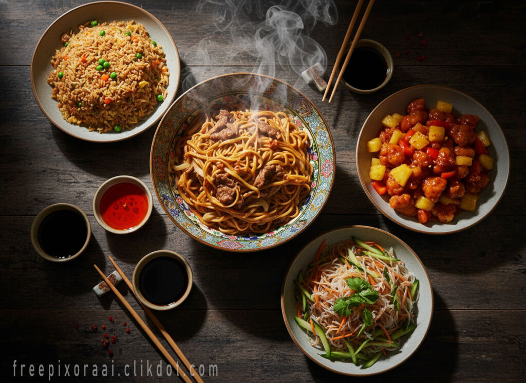 AI-generated Chinese feast platter with beef chow mein, vegetable fried rice, sweet and sour pork with pineapple, glass noodle salad, chopsticks, steam – free download and web use
