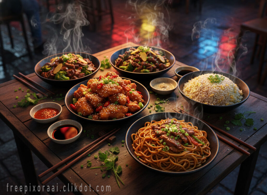 AI-generated Chinese restaurant platter with beef broccoli stir-fry, sesame chicken, beef lo mein noodles, fried rice, steam rising, chopsticks – free download and web use