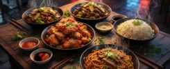 AI-generated Chinese restaurant platter with beef broccoli stir-fry, sesame chicken, beef lo mein noodles, fried rice, steam rising, chopsticks – free download and web use
