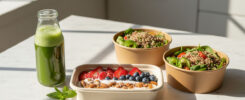 AI-generated healthy meal prep bowls with quinoa salad, berry yogurt parfait, almonds coconut flakes, green smoothie in glass, mint garnish – free download for SEO and web use