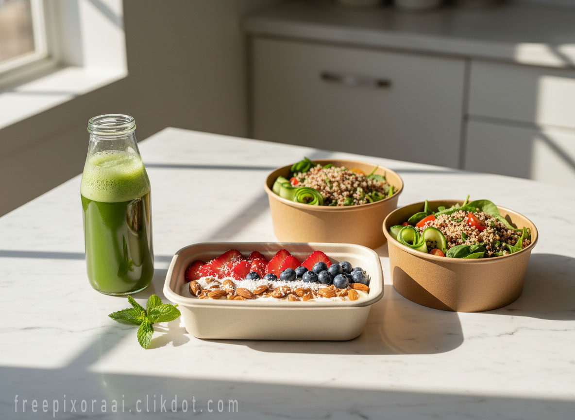 AI-generated healthy meal prep bowls with quinoa salad, berry yogurt parfait, almonds coconut flakes, green smoothie in glass, mint garnish – free download for SEO and web use