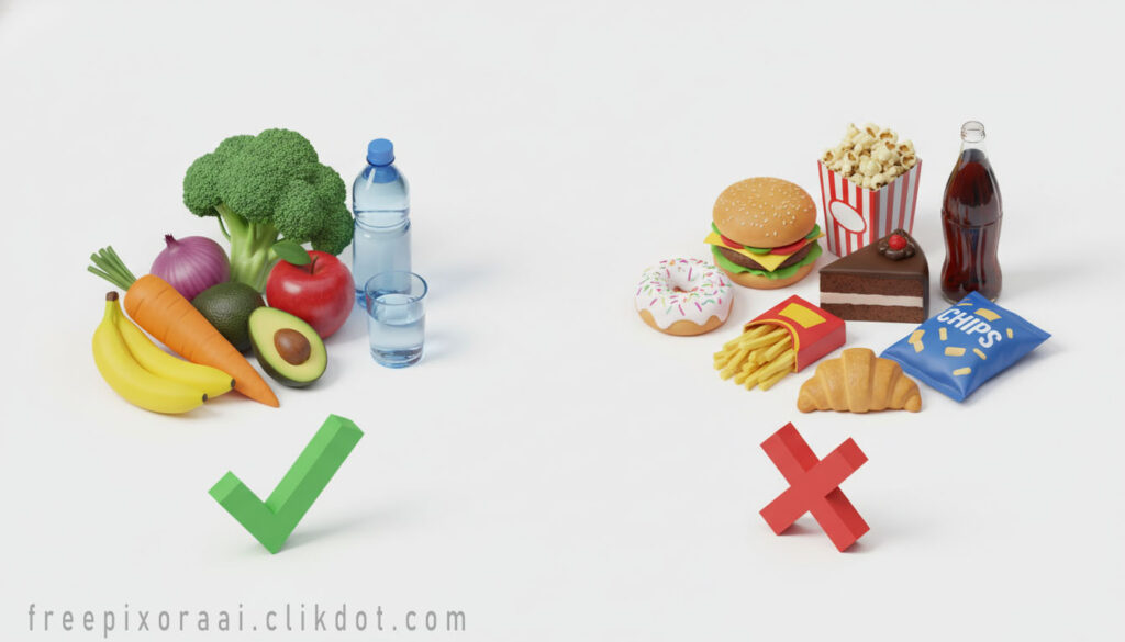 AI-generated 3D healthy vs junk food comparison: fruits veggies avocado water with green checkmark VS burger pizza donut fries chips soda with red X – free download for SEO and web use
