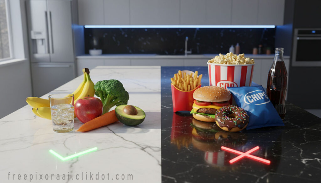 AI-generated 3D healthy vs junk food kitchen split: bananas broccoli apple avocado water green neon check ✓ VS burger fries donut chips popcorn cola red neon X ✗ – free download for SEO and web use