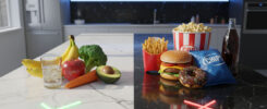 AI-generated 3D healthy vs junk food kitchen split: bananas broccoli apple avocado water green neon check ✓ VS burger fries donut chips popcorn cola red neon X ✗ – free download for SEO and web use