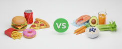 AI-generated 3D junk food vs healthy food comparison: burger pizza donut fries soda VS salmon avocado oats blueberries carrots celery orange juice, green VS circle – free download for SEO and web use