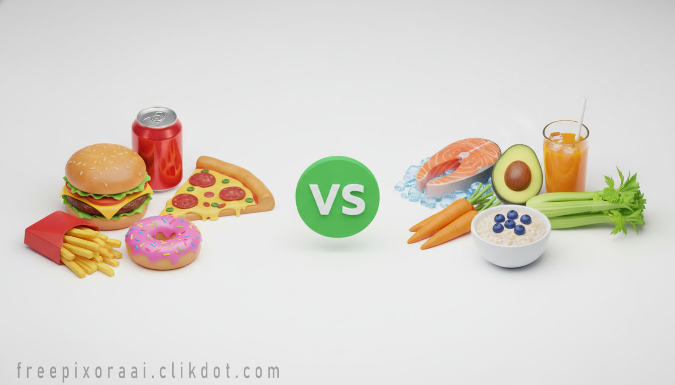 AI-generated 3D junk food vs healthy food comparison: burger pizza donut fries soda VS salmon avocado oats blueberries carrots celery orange juice, green VS circle – free download for SEO and web use