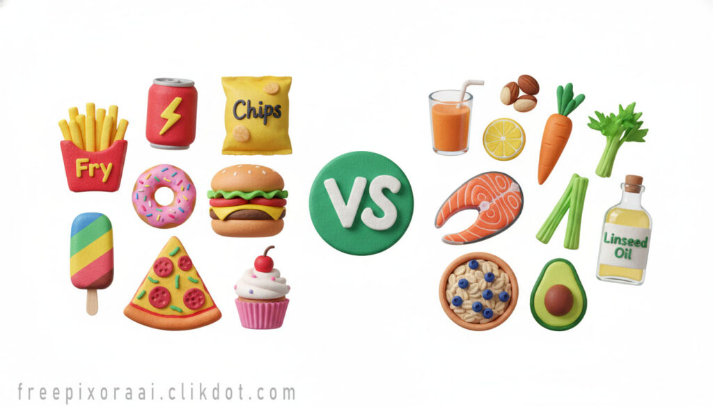AI-generated cute 3D clay junk food vs healthy food comparison: fries burger pizza donut chips soda VS salmon avocado oats carrot celery linseed oil orange juice, green VS circle – free download for SEO and web use