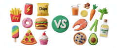 AI-generated cute 3D clay junk food vs healthy food comparison: fries burger pizza donut chips soda VS salmon avocado oats carrot celery linseed oil orange juice, green VS circle – free download for SEO and web use
