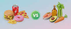 AI-generated 3D junk food vs healthy food comparison: burger pizza donut fries soda VS salmon avocado olive oil celery carrot, green VS circle – free download for SEO and web use