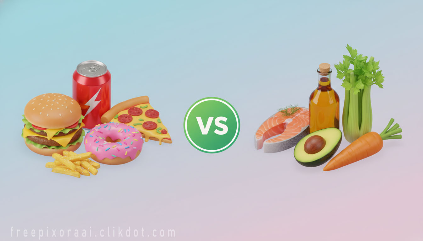 AI-generated 3D junk food vs healthy food comparison: burger pizza donut fries soda VS salmon avocado olive oil celery carrot, green VS circle – free download for SEO and web use