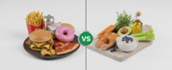 AI-generated 3D junk food vs healthy food comparison: burger pizza fries donut chips soda VS salmon avocado oats blueberries carrots celery olive oil, green VS circle split – free download for SEO and web use