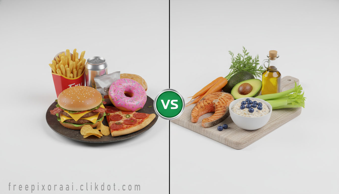 AI-generated 3D junk food vs healthy food comparison: burger pizza fries donut chips soda VS salmon avocado oats blueberries carrots celery olive oil, green VS circle split – free download for SEO and web use