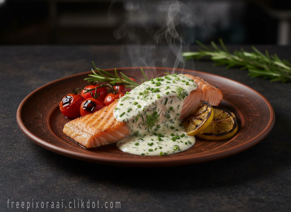AI-generated gourmet salmon fillet with creamy dill sauce, roasted cherry tomatoes, grilled lemon, rosemary garnish, steam rising – free download for SEO and web use