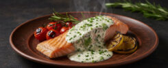 AI-generated gourmet salmon fillet with creamy dill sauce, roasted cherry tomatoes, grilled lemon, rosemary garnish, steam rising – free download for SEO and web use