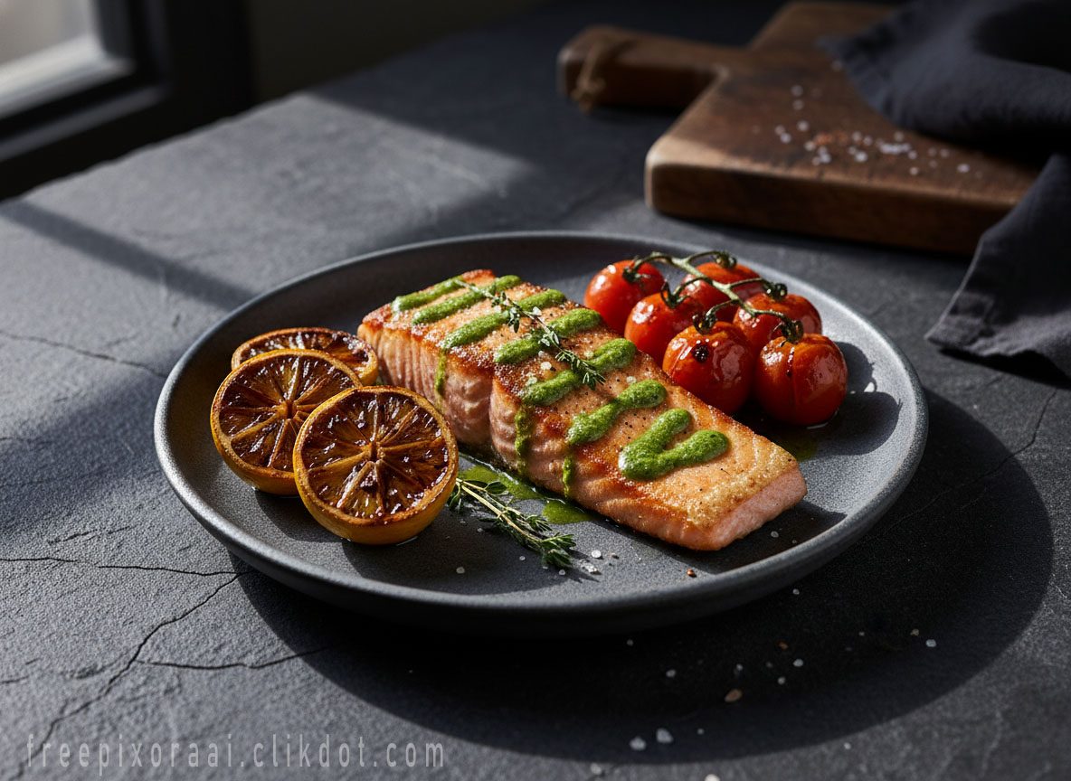 AI-generated gourmet seared salmon fillet with green herb sauce drizzle, grilled lemon, roasted cherry tomatoes on vine, thyme garnish – free download for SEO and web use