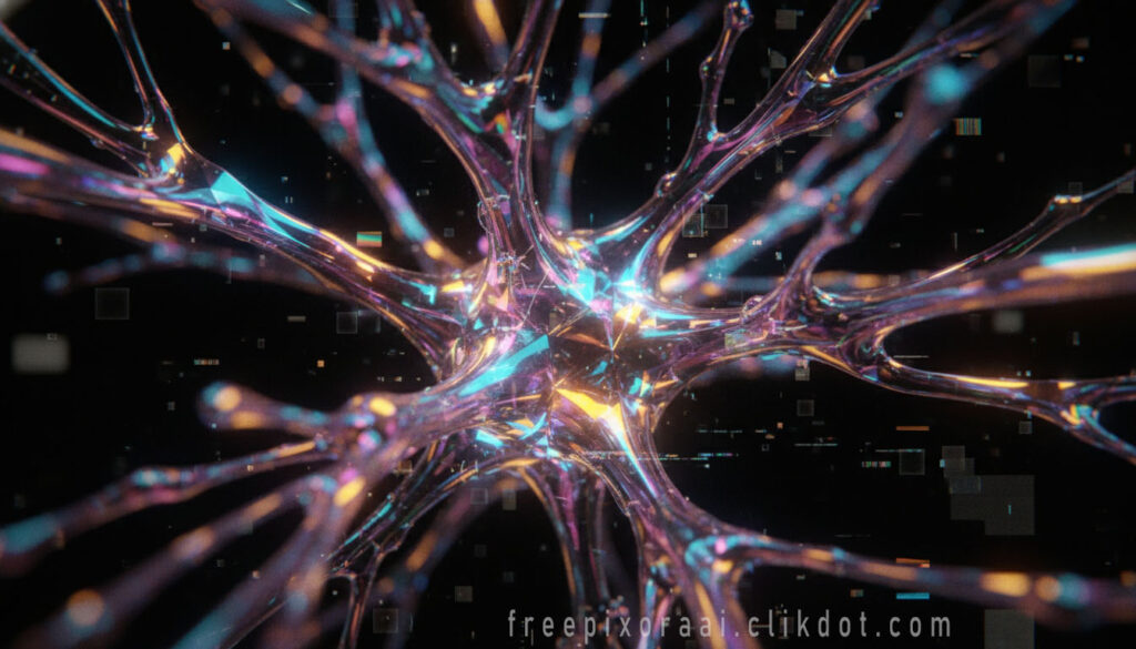 Abstract futuristic neural network structure with glowing iridescent blue pink purple connections, AI-generated digital art representing artificial intelligence and data flow