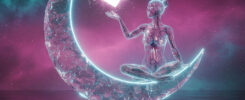 Ethereal crystal woman in lotus pose meditating on large crescent moon, holding glowing white cube with sparkling energy, reflective water below starry teal-magenta sky, AI-generated surreal spiritual art