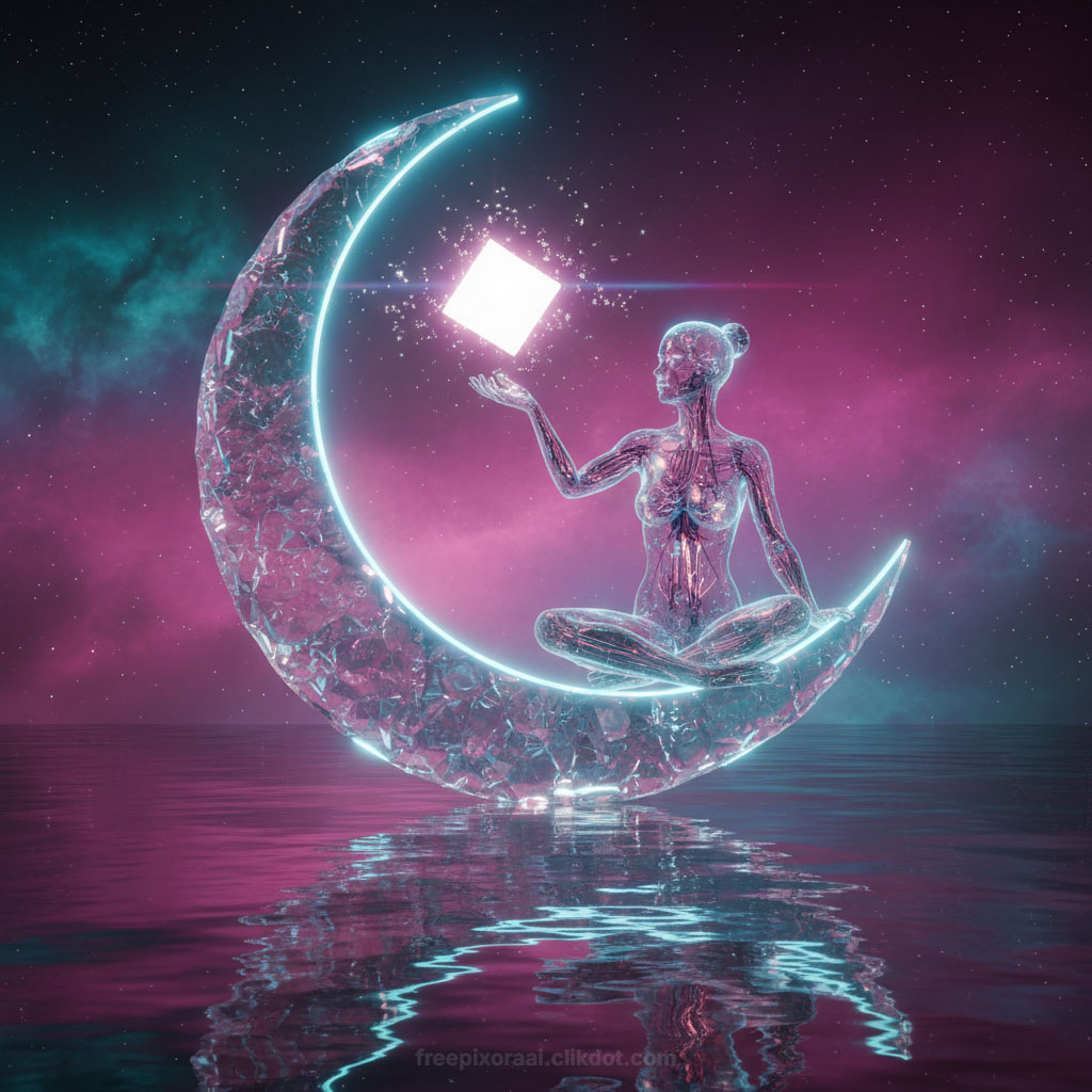 Ethereal crystal woman in lotus pose meditating on large crescent moon, holding glowing white cube with sparkling energy, reflective water below starry teal-magenta sky, AI-generated surreal spiritual art