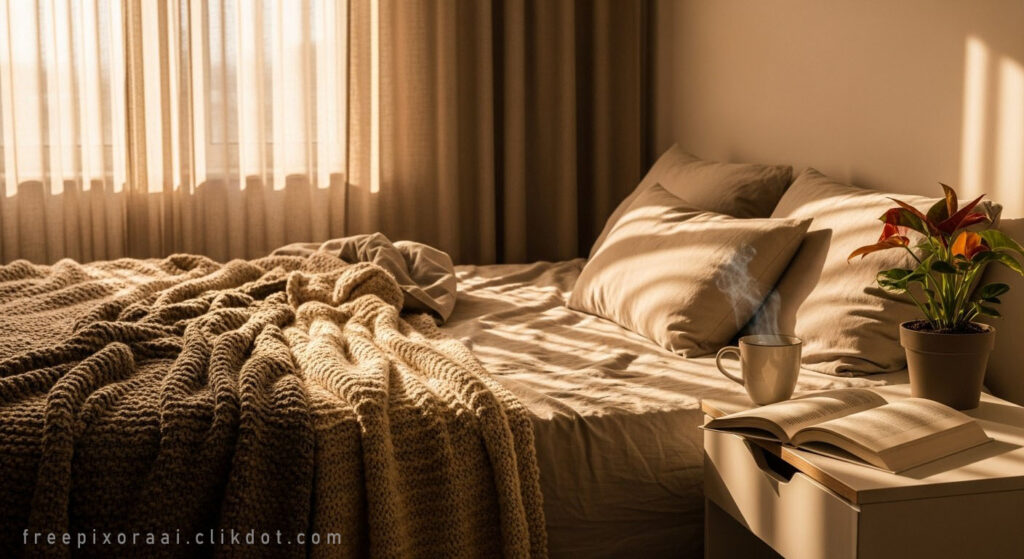 Cozy bedroom bed with thick knitted blanket and pillows in soft morning sunlight, open book, steaming mug, and potted plant on bedside table, AI-generated hygge interior scene