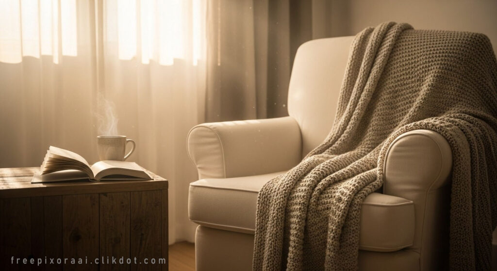 Cozy white armchair with thick knitted blanket, open book and steaming mug on wooden table beside sheer curtain window with soft sunlight, AI-generated hygge reading nook scene