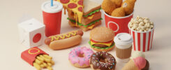 Cute 3D rendered kawaii fast food collection with burgers, pizza slice, fried chicken, fries, donuts, hot dog, ice cream, soda, popcorn on beige background, AI-generated playful toy-style junk food art