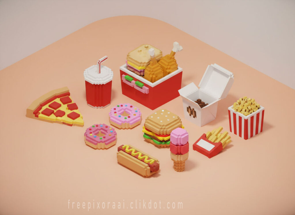Cute voxel 3D rendered fast food collection including pizza slice, burger, fries, donut, soda cup, chicken bucket, popcorn, hot dog, ice cream on beige background, AI-generated playful pixel art style