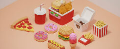 Cute voxel 3D rendered fast food collection including pizza slice, burger, fries, donut, soda cup, chicken bucket, popcorn, hot dog, ice cream on beige background, AI-generated playful pixel art style