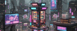 Cyberpunk neon-lit vending stall in dystopian city night, glowing pink blue signs with holographic burgers donuts snacks, flying drones smog skyscrapers crowds, AI-generated futuristic street food scene