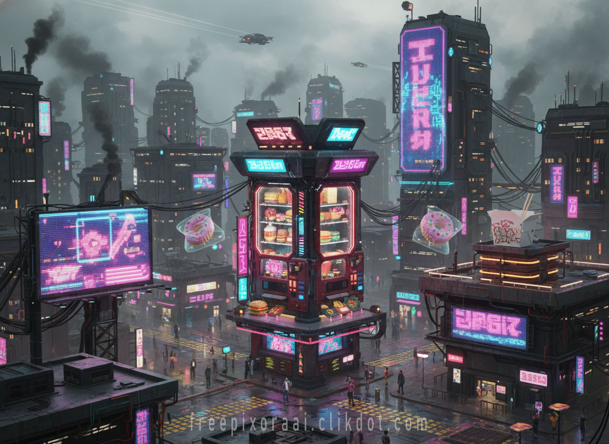 Cyberpunk neon-lit vending stall in dystopian city night, glowing pink blue signs with holographic burgers donuts snacks, flying drones smog skyscrapers crowds, AI-generated futuristic street food scene
