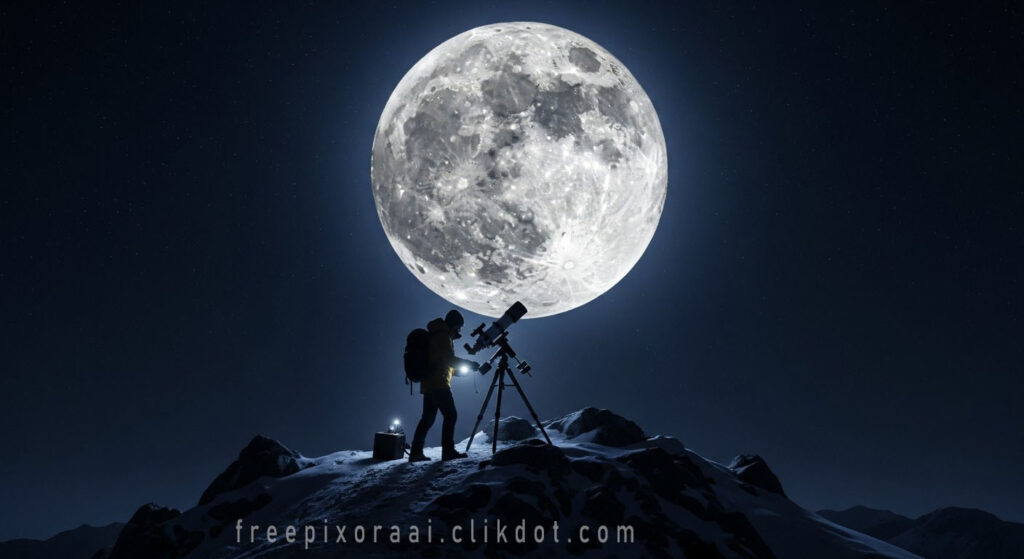 Silhouette of astronomer with backpack using telescope on snowy mountain peak under massive detailed full moon in starry night sky, AI-generated stargazing photography