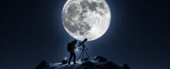 Silhouette of astronomer with backpack using telescope on snowy mountain peak under massive detailed full moon in starry night sky, AI-generated stargazing photography