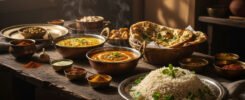 Traditional Indian thali feast with steaming dal, butter chicken curry, basmati rice, garlic naan, chutneys, and spices in brass bowls on wooden table, warm lighting, AI-generated food photography
